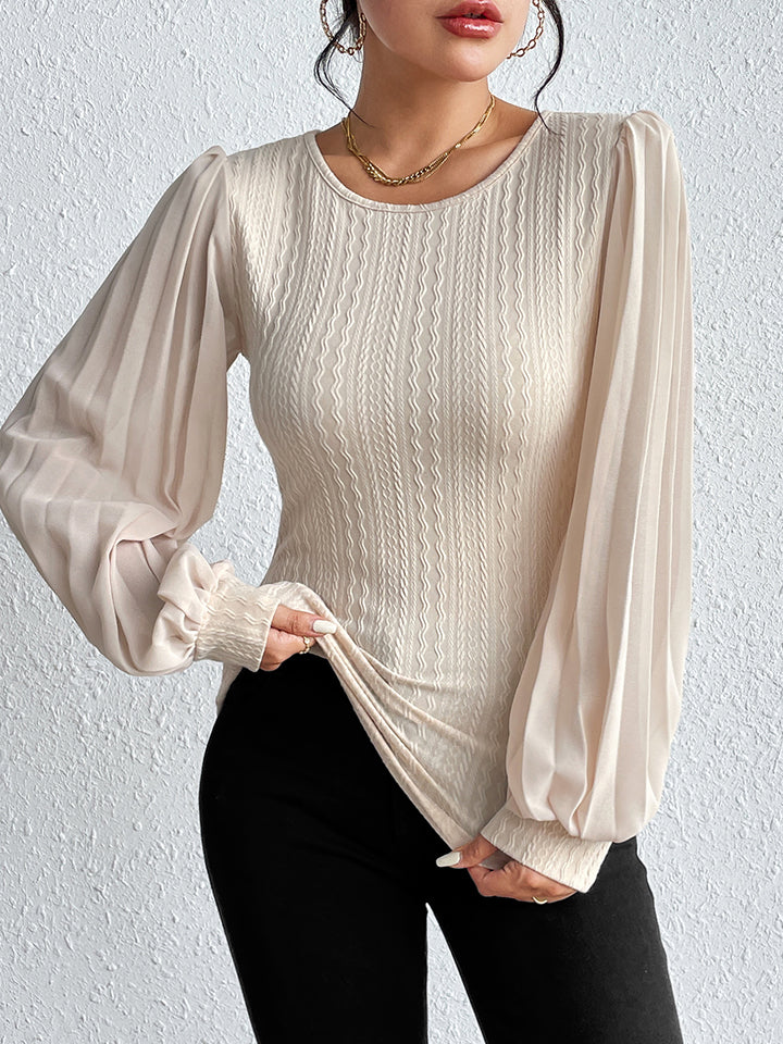 Honey Pleated Puff Sleeve Round Neck Blouse.