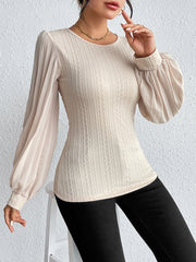 Honey Pleated Puff Sleeve Round Neck Blouse.