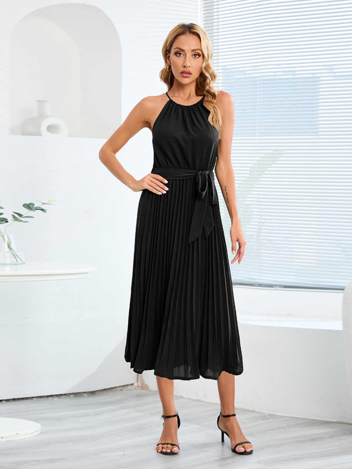 Pleated Spaghetti Strap Tie Waist Midi Dress.
