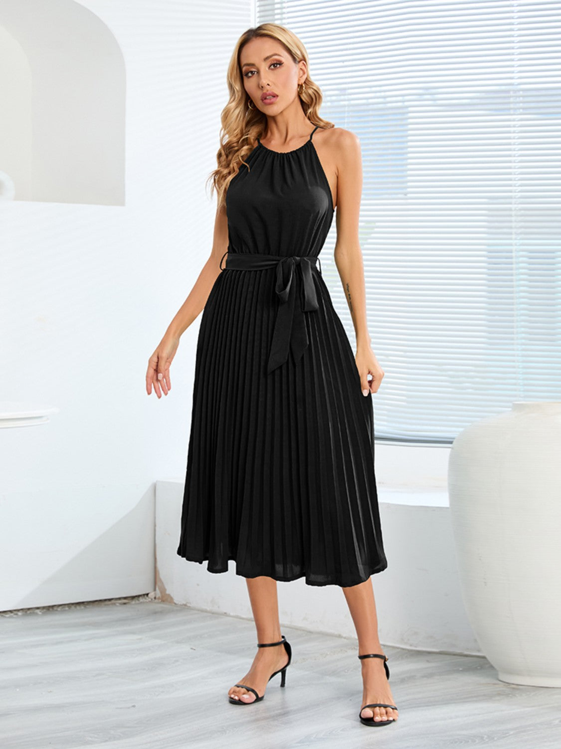 Pleated Spaghetti Strap Tie Waist Midi Dress.