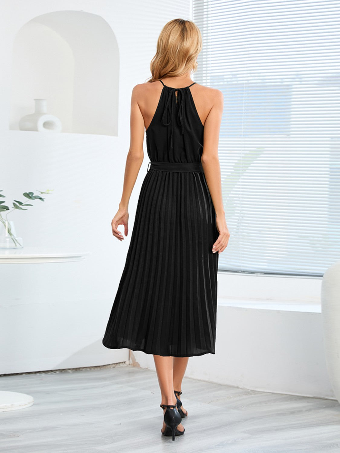Pleated Spaghetti Strap Tie Waist Midi Dress.