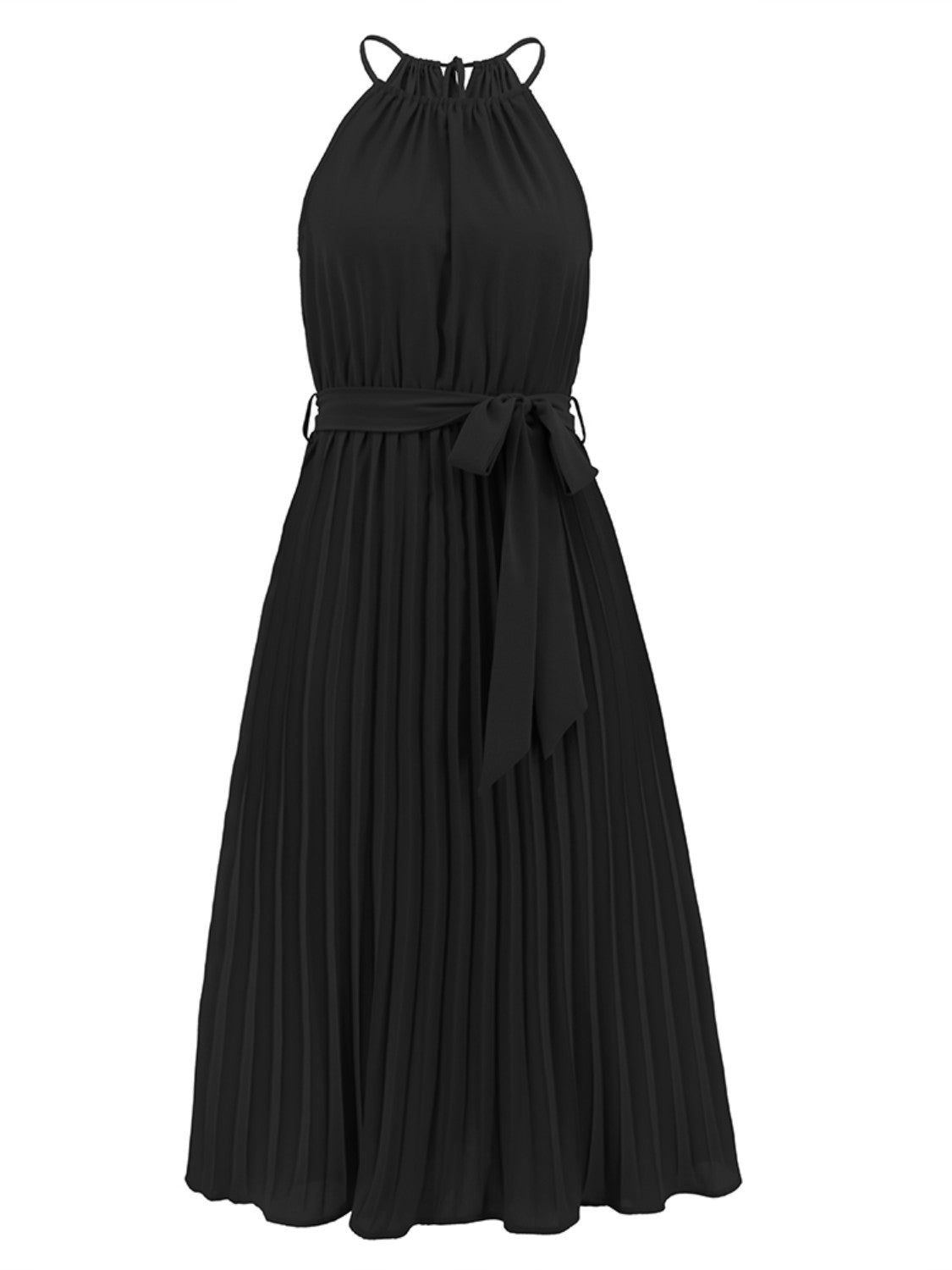 Pleated Spaghetti Strap Tie Waist Midi Dress.