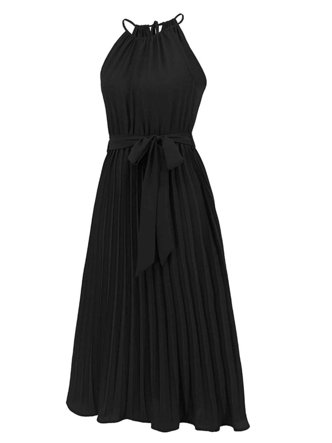 Pleated Spaghetti Strap Tie Waist Midi Dress.