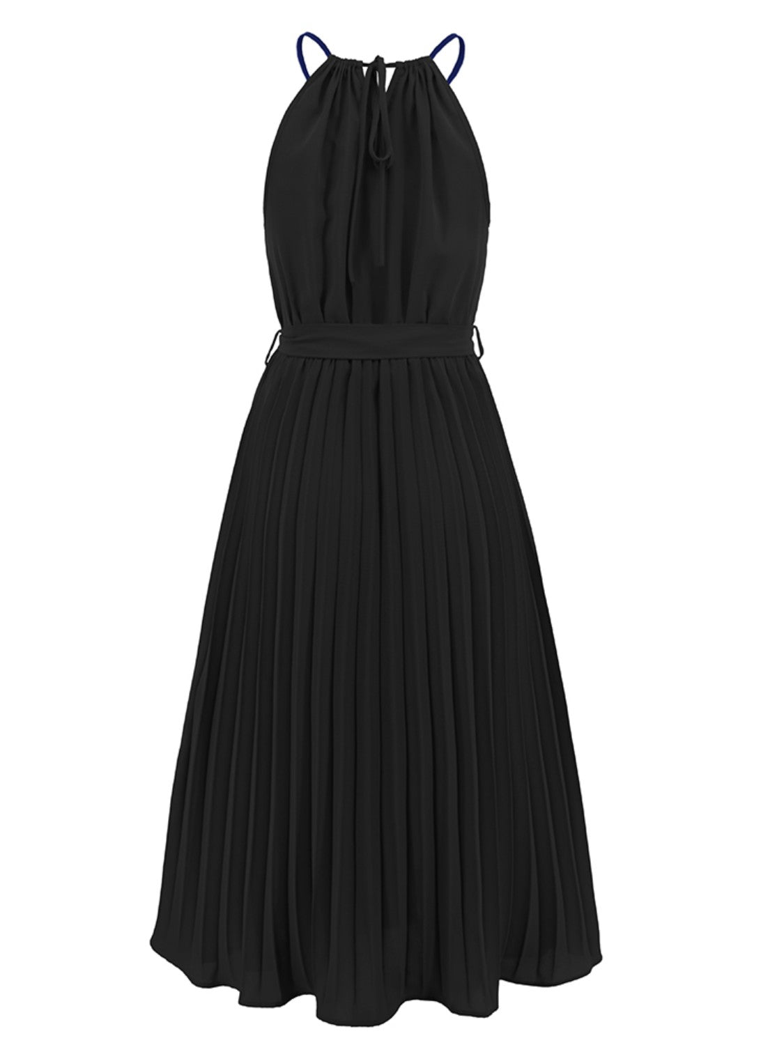 Pleated Spaghetti Strap Tie Waist Midi Dress.