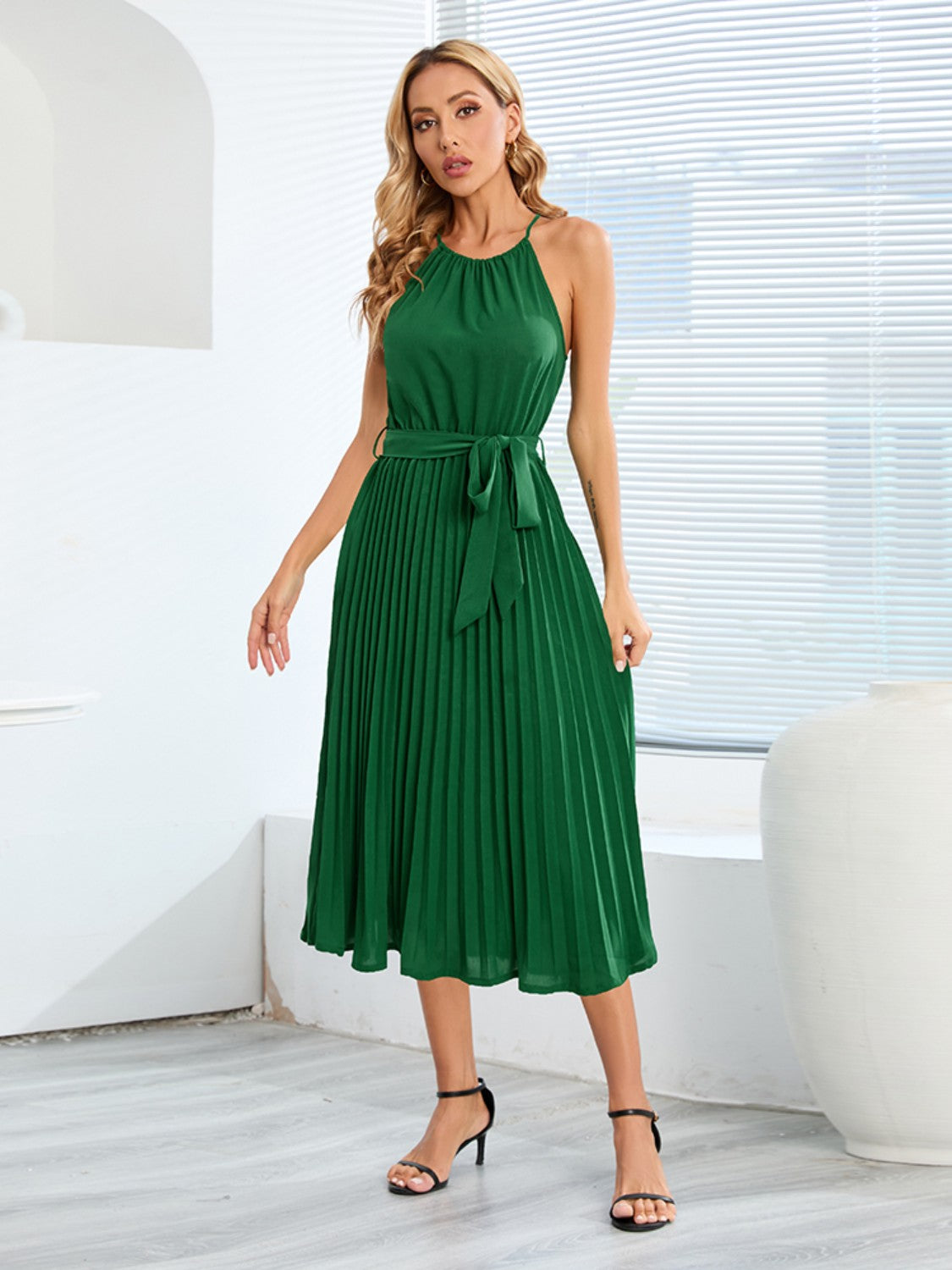 Pleated Spaghetti Strap Tie Waist Midi Dress.