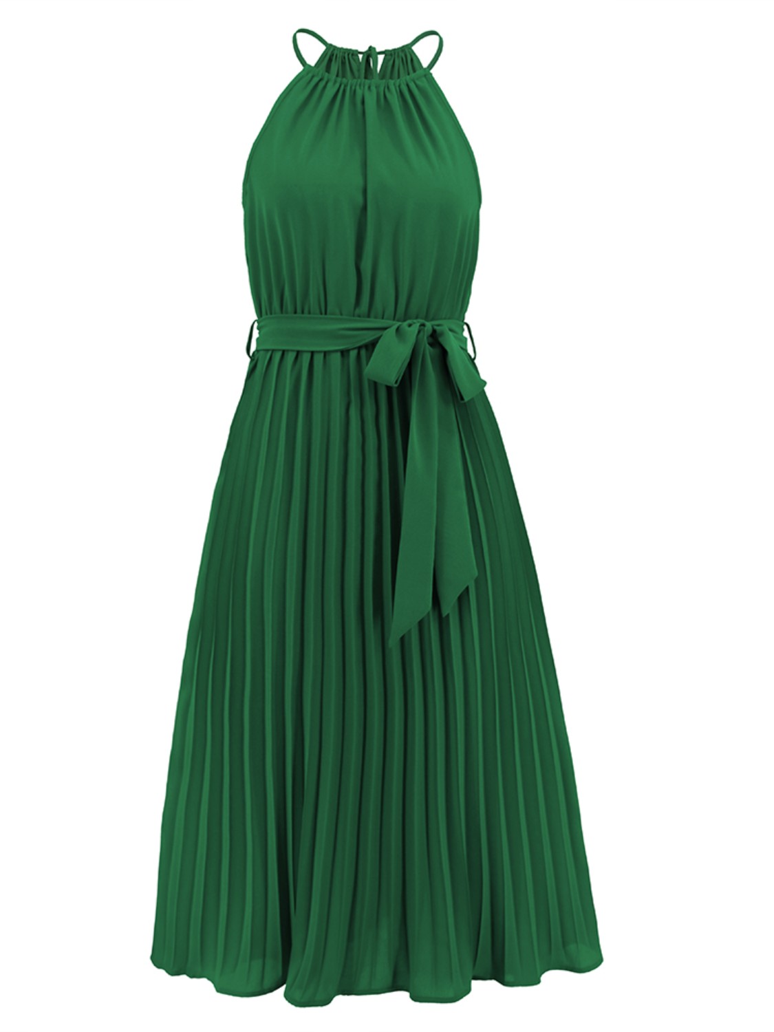 Pleated Spaghetti Strap Tie Waist Midi Dress.