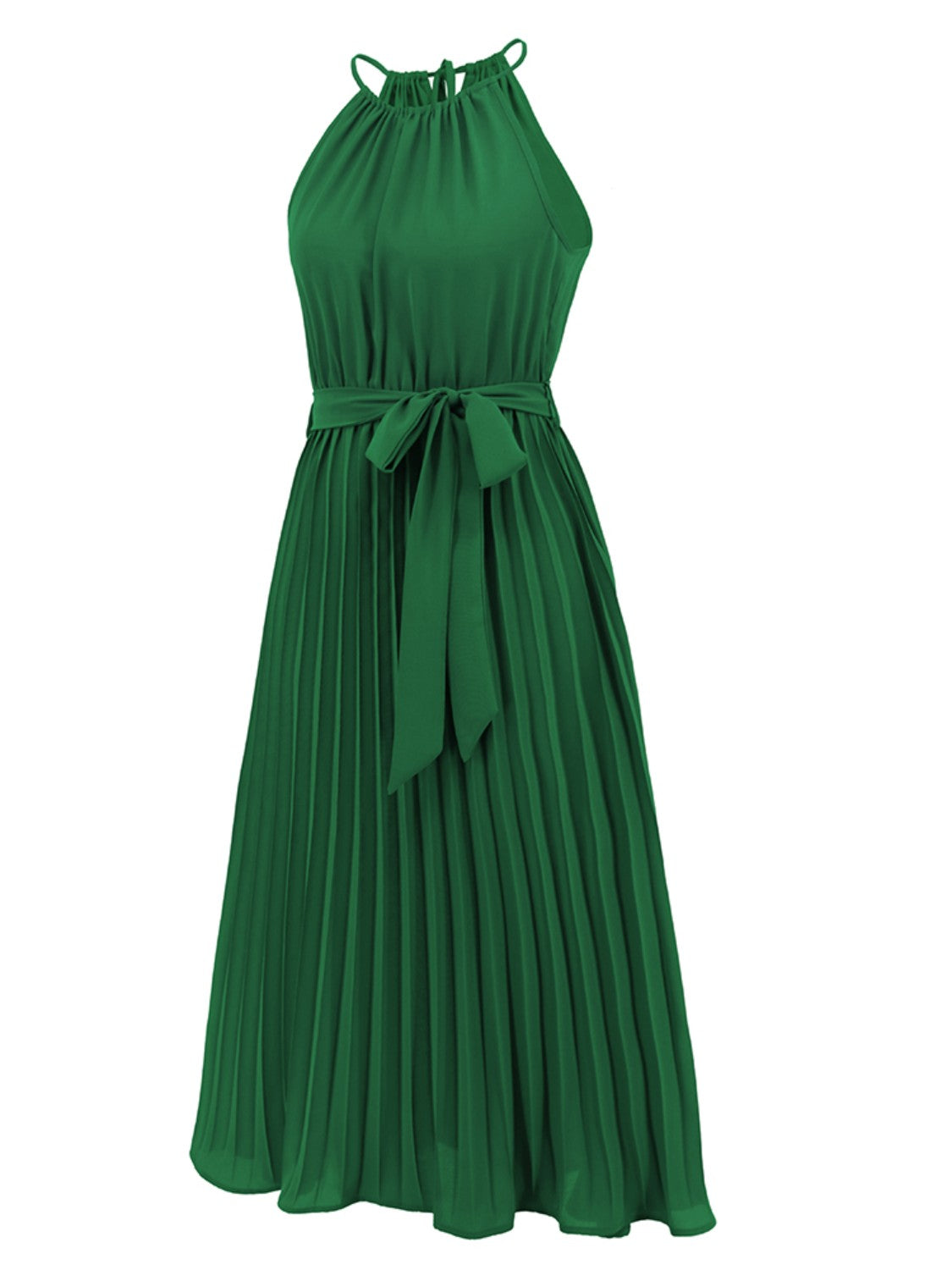 Pleated Spaghetti Strap Tie Waist Midi Dress.