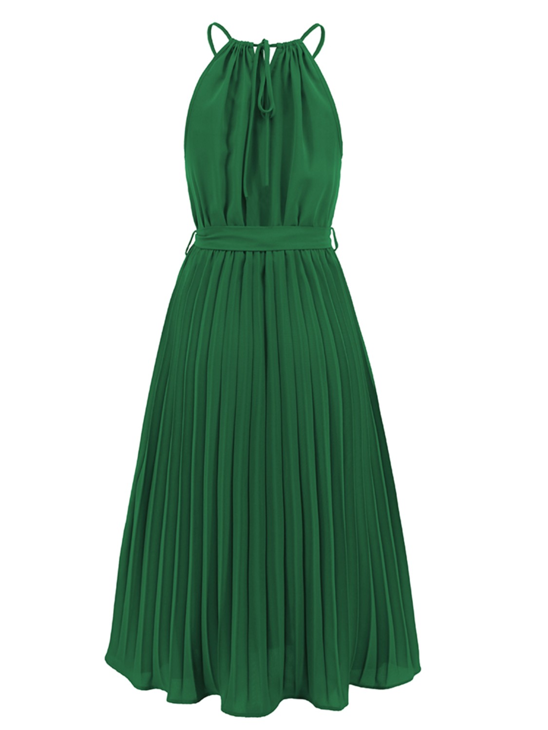 Pleated Spaghetti Strap Tie Waist Midi Dress.