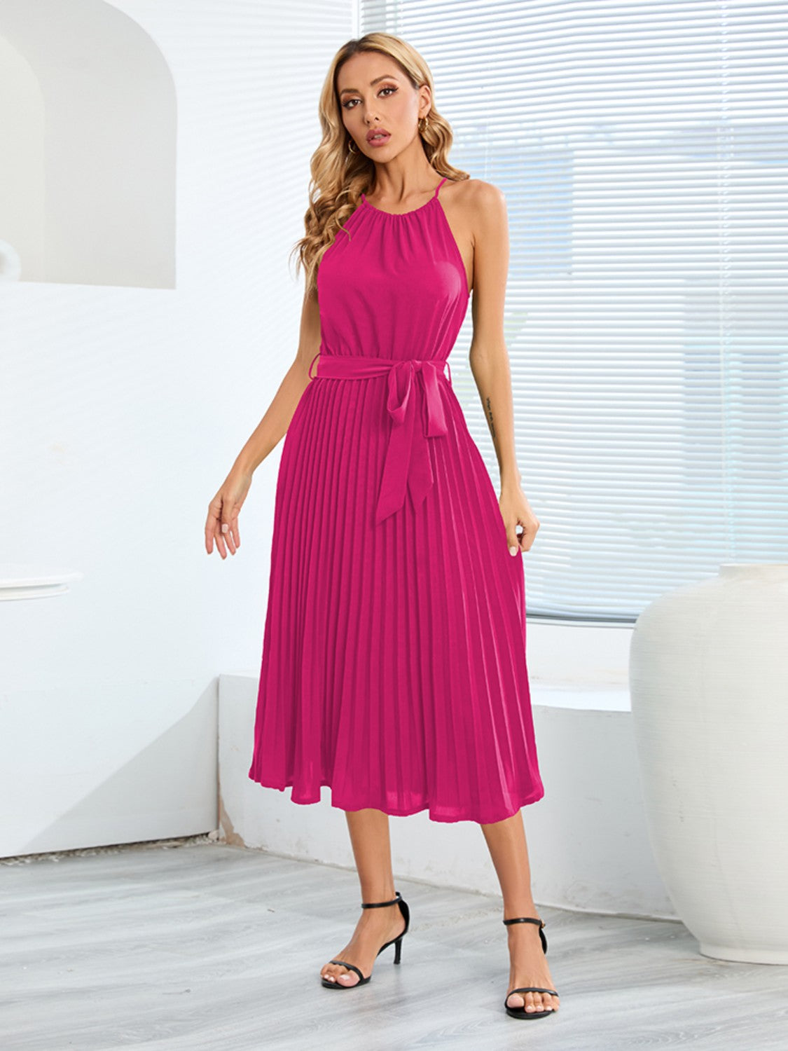 Pleated Spaghetti Strap Tie Waist Midi Dress.