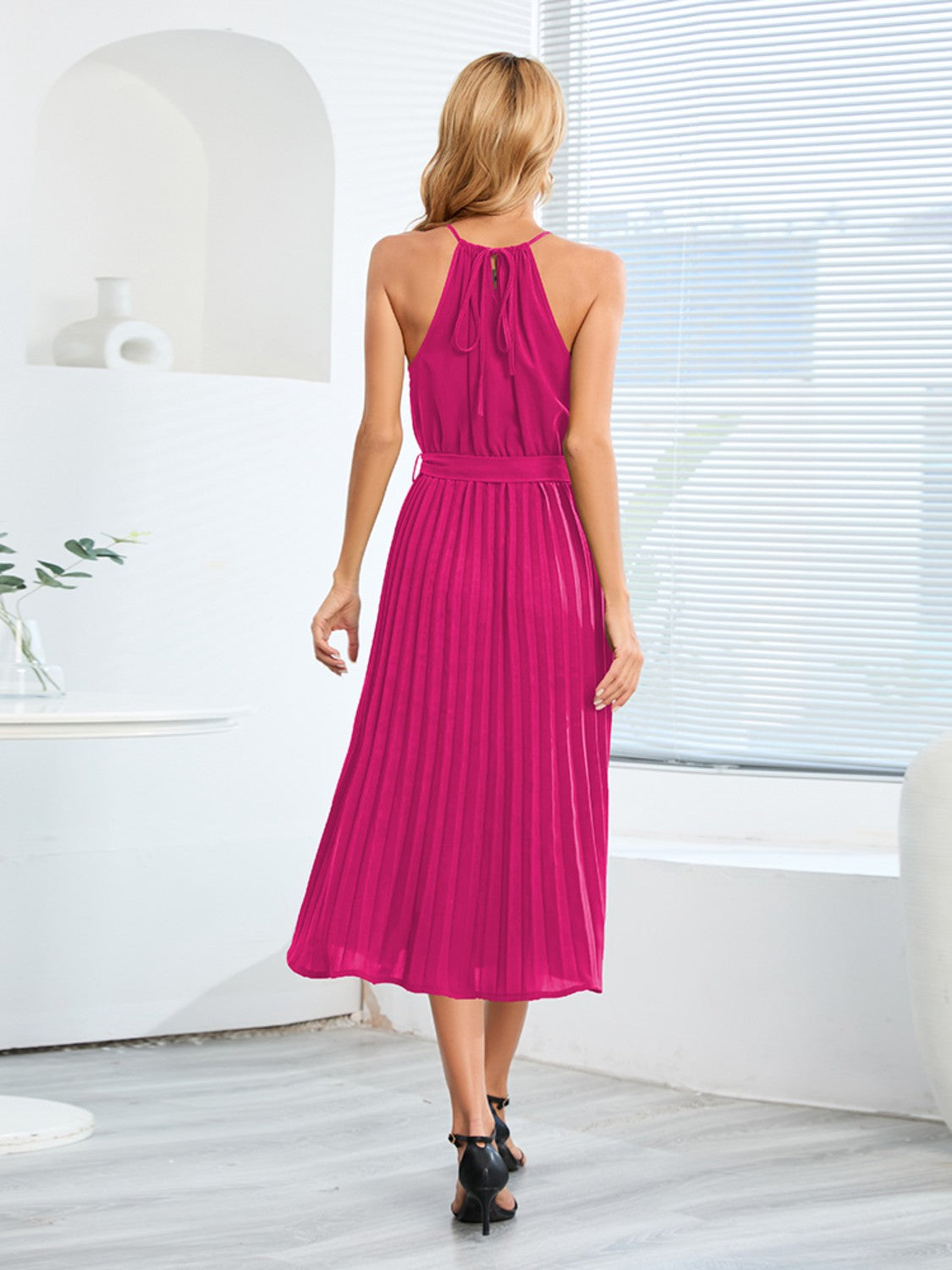 Pleated Spaghetti Strap Tie Waist Midi Dress.