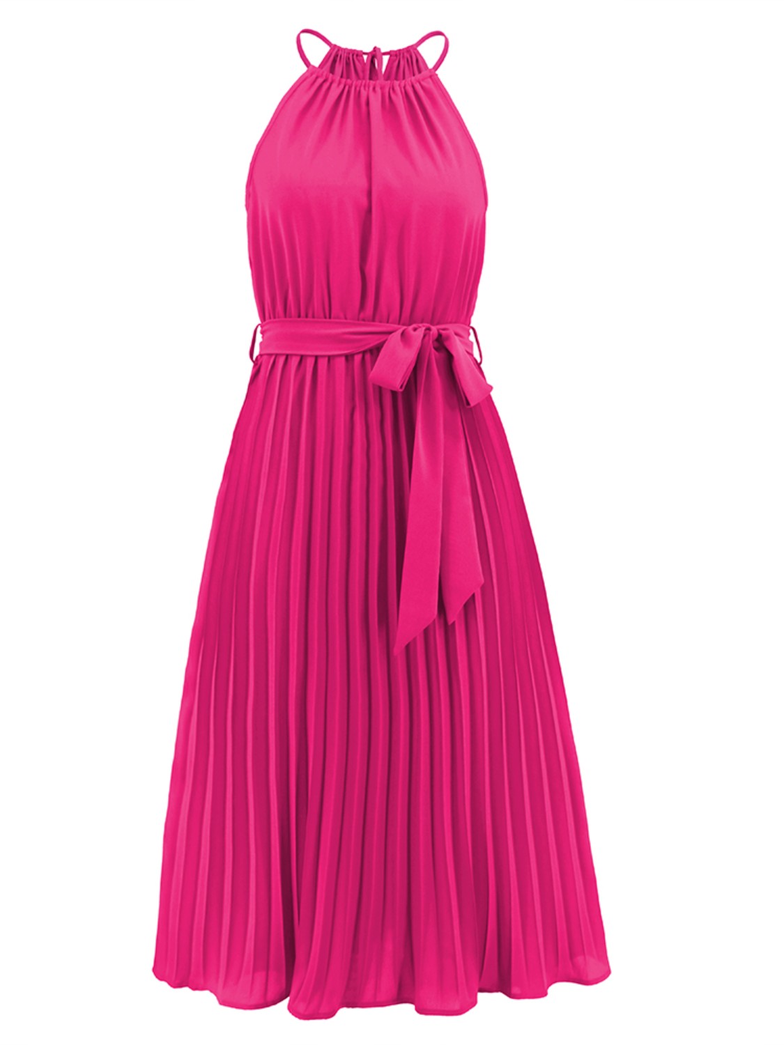 Pleated Spaghetti Strap Tie Waist Midi Dress.