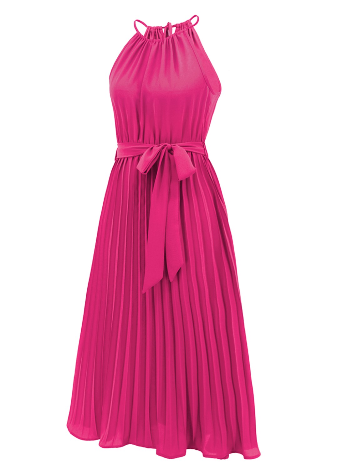 Pleated Spaghetti Strap Tie Waist Midi Dress.
