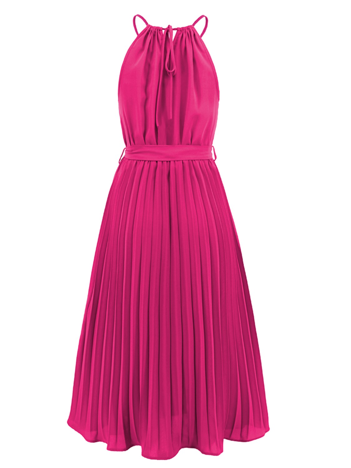 Pleated Spaghetti Strap Tie Waist Midi Dress.
