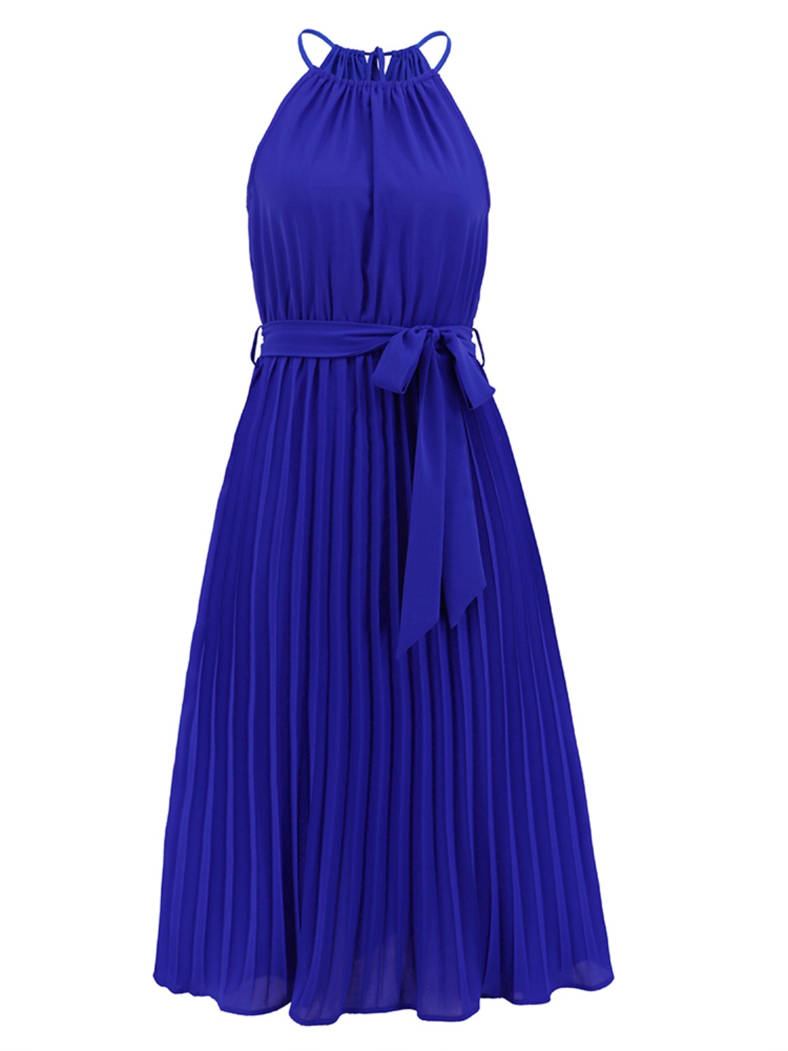 Pleated Spaghetti Strap Tie Waist Midi Dress.