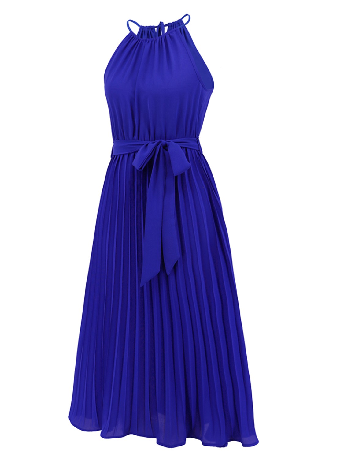 Pleated Spaghetti Strap Tie Waist Midi Dress.