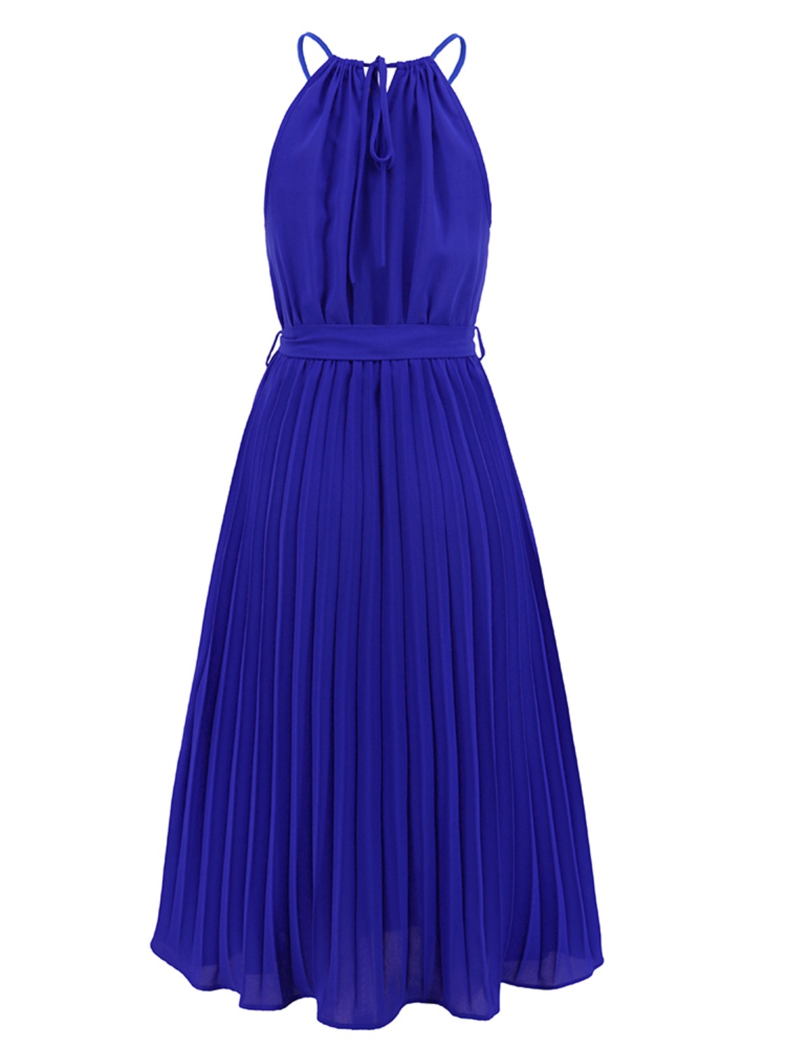 Pleated Spaghetti Strap Tie Waist Midi Dress.
