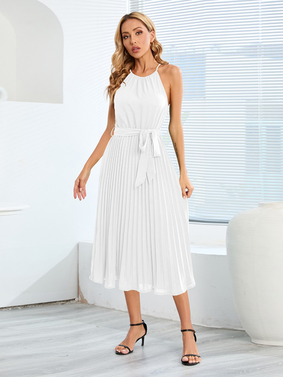 Pleated Spaghetti Strap Tie Waist Midi Dress.