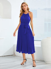 Pleated Spaghetti Strap Tie Waist Midi Dress.