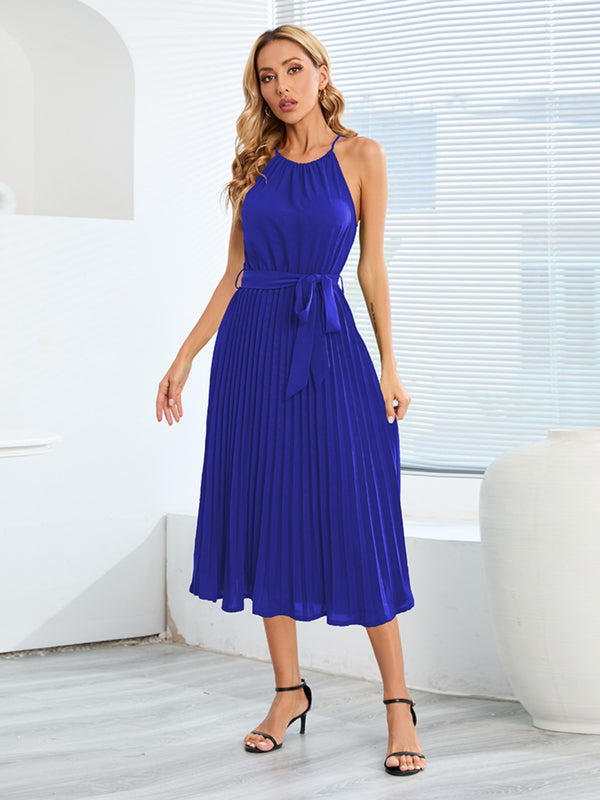 Pleated Spaghetti Strap Tie Waist Midi Dress.