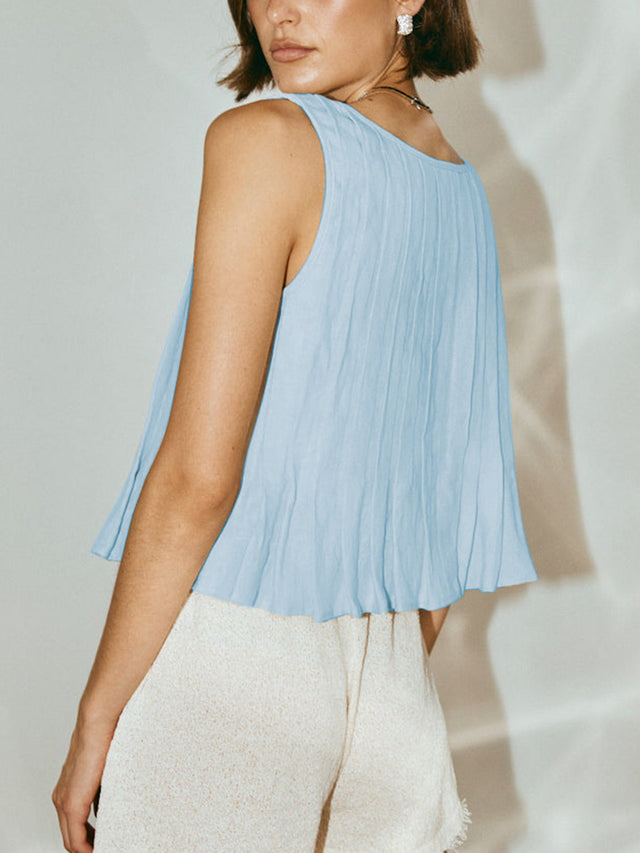 Pleated tied round neck vest.