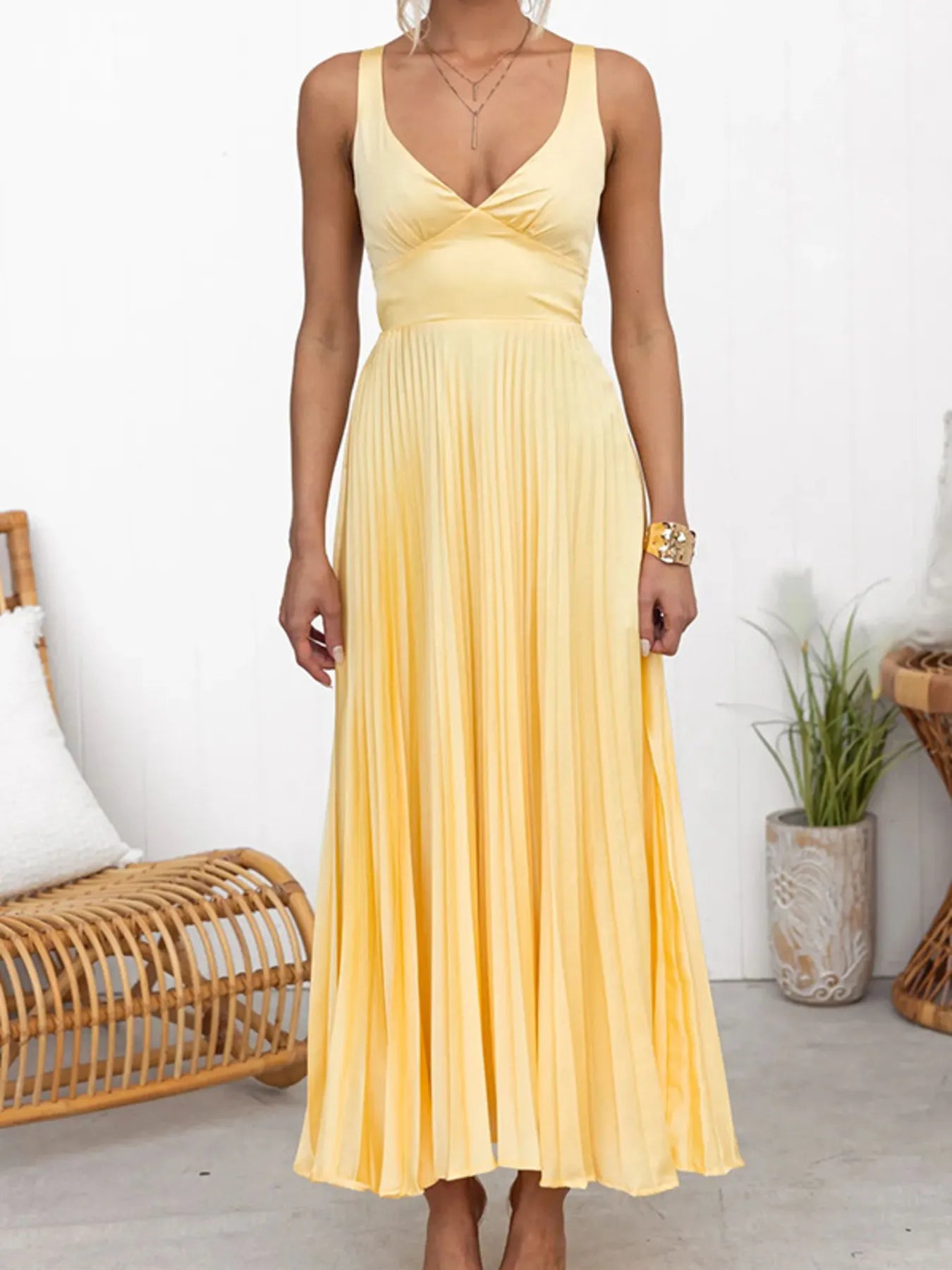 Pleated V-Neck Sleeveless Maxi Dress.