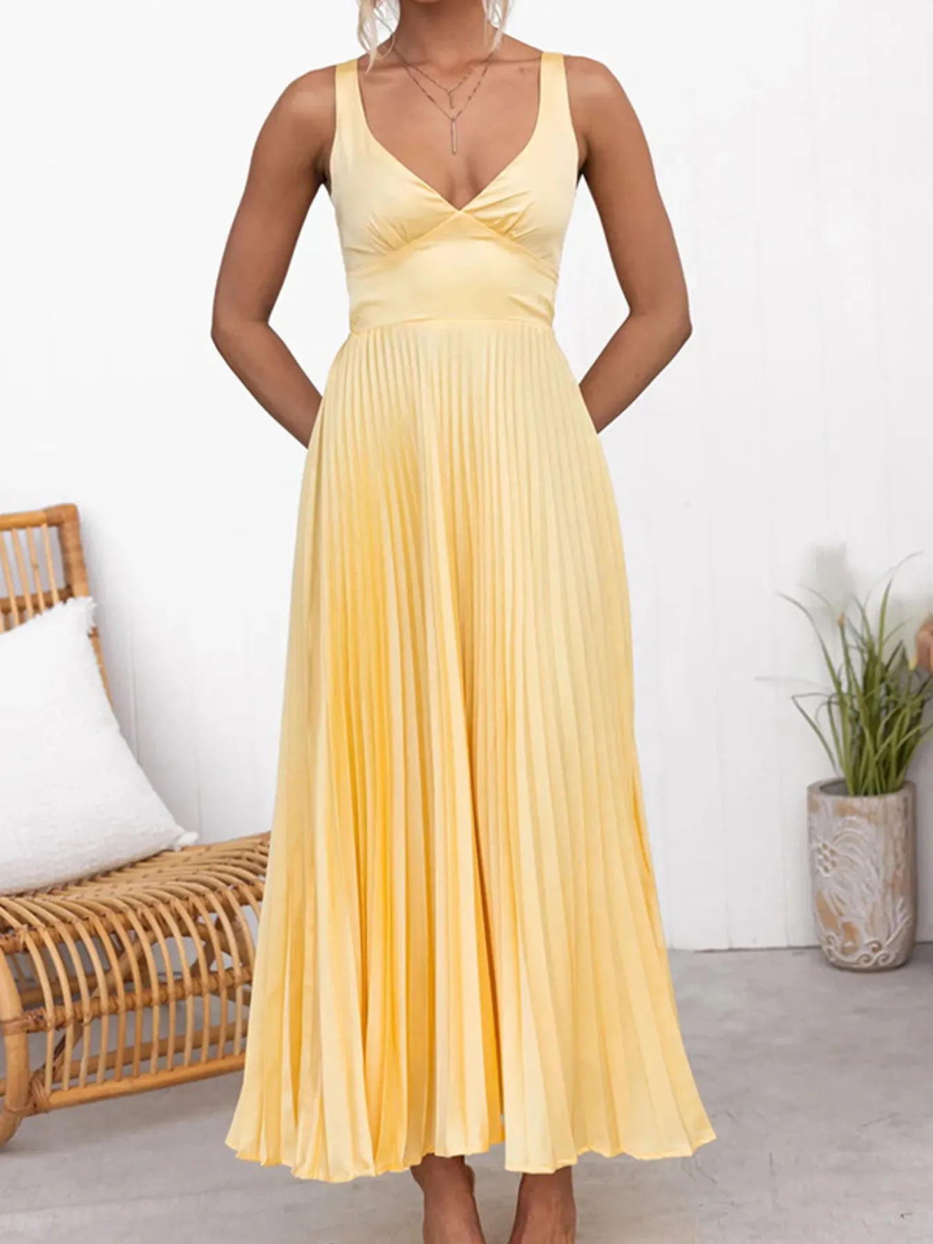 Pleated V-Neck Sleeveless Maxi Dress.