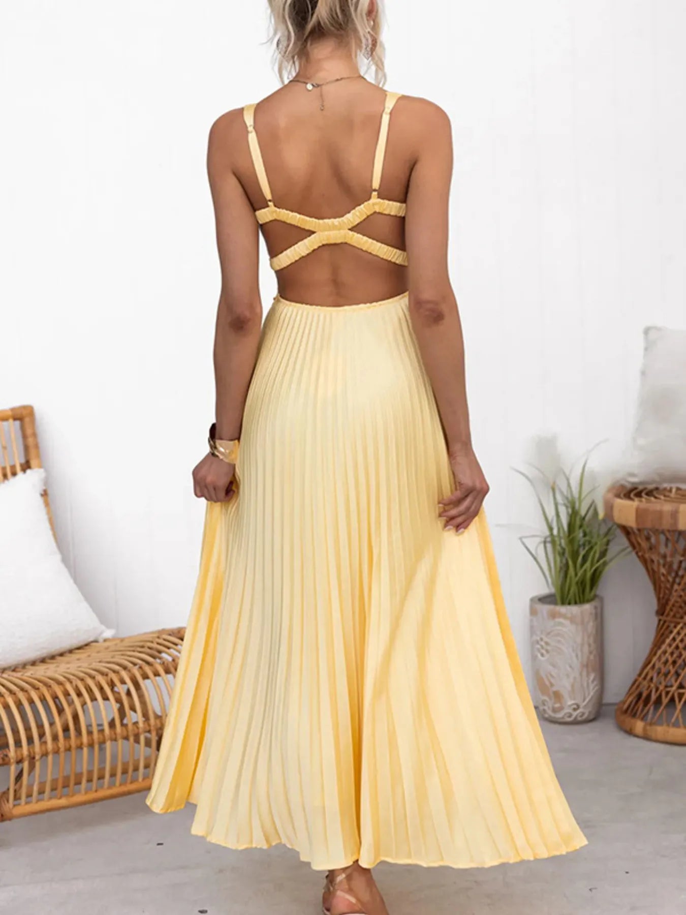 Pleated V-Neck Sleeveless Maxi Dress.