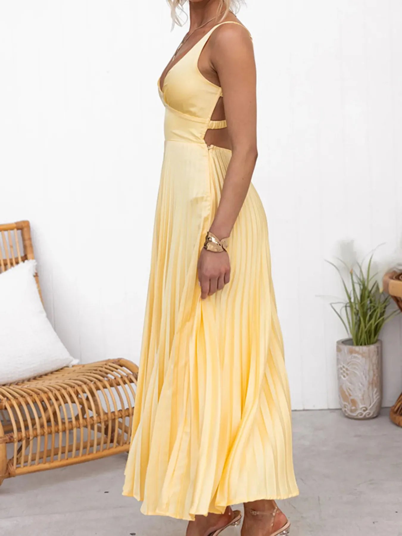 Pleated V-Neck Sleeveless Maxi Dress.