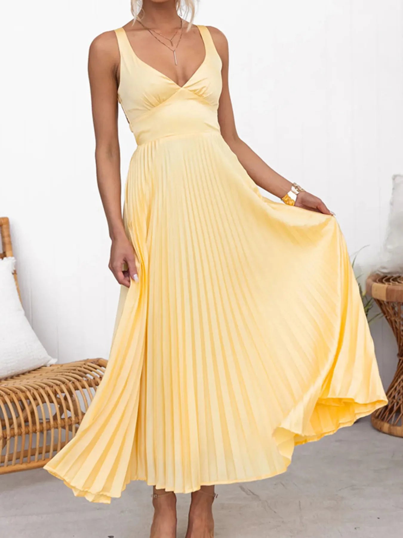 Pleated V-Neck Sleeveless Maxi Dress.