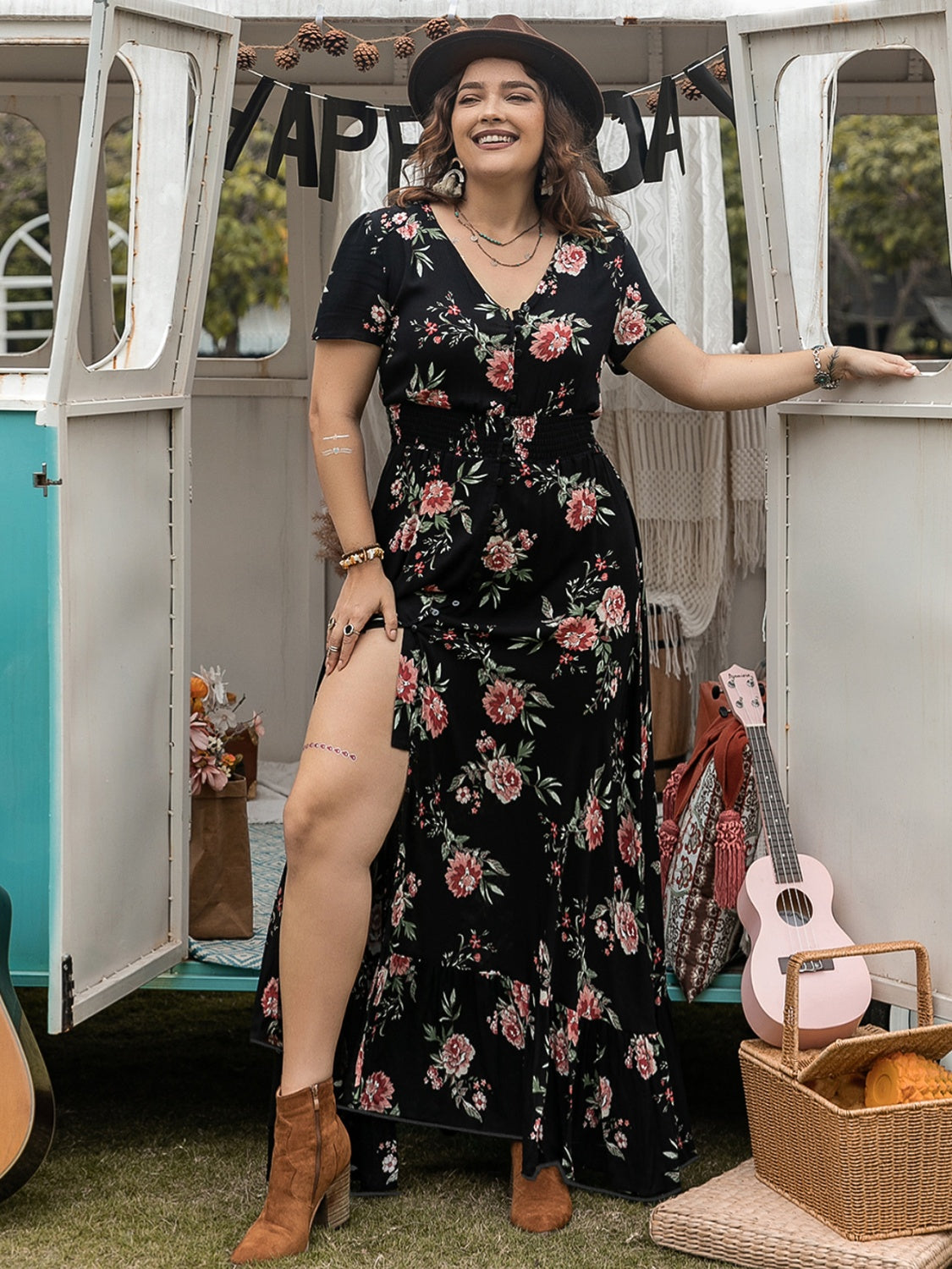 Plus Size Button Detail Printed V-Neck Short Sleeve Maxi Dress.