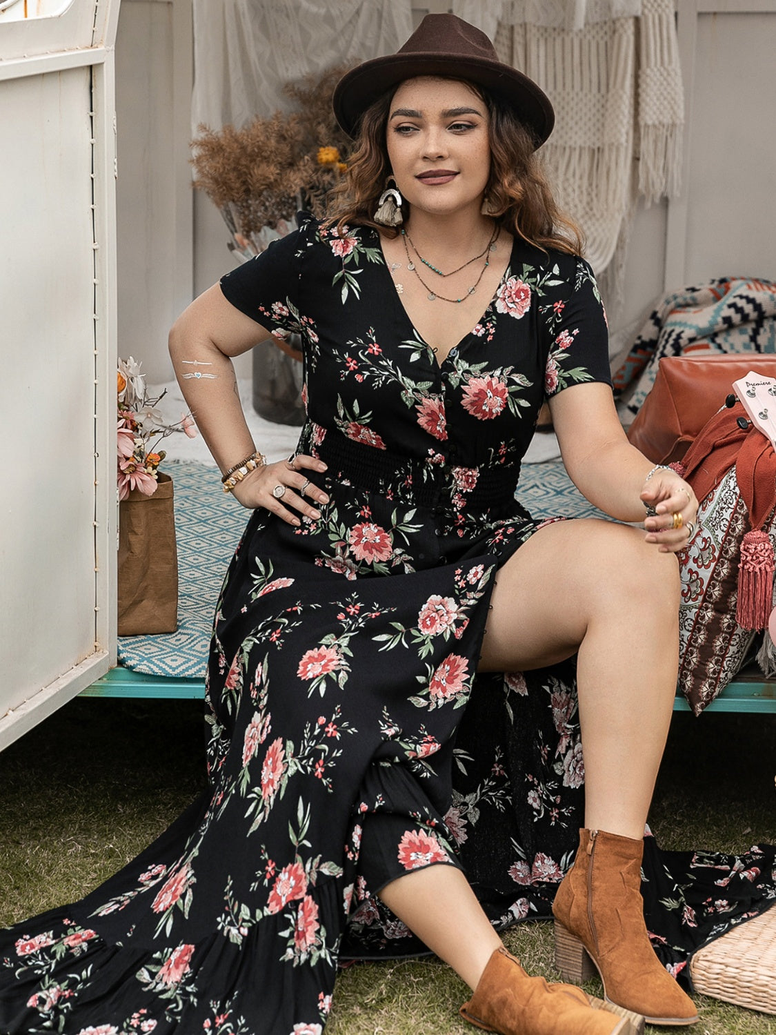Plus Size Button Detail Printed V-Neck Short Sleeve Maxi Dress.