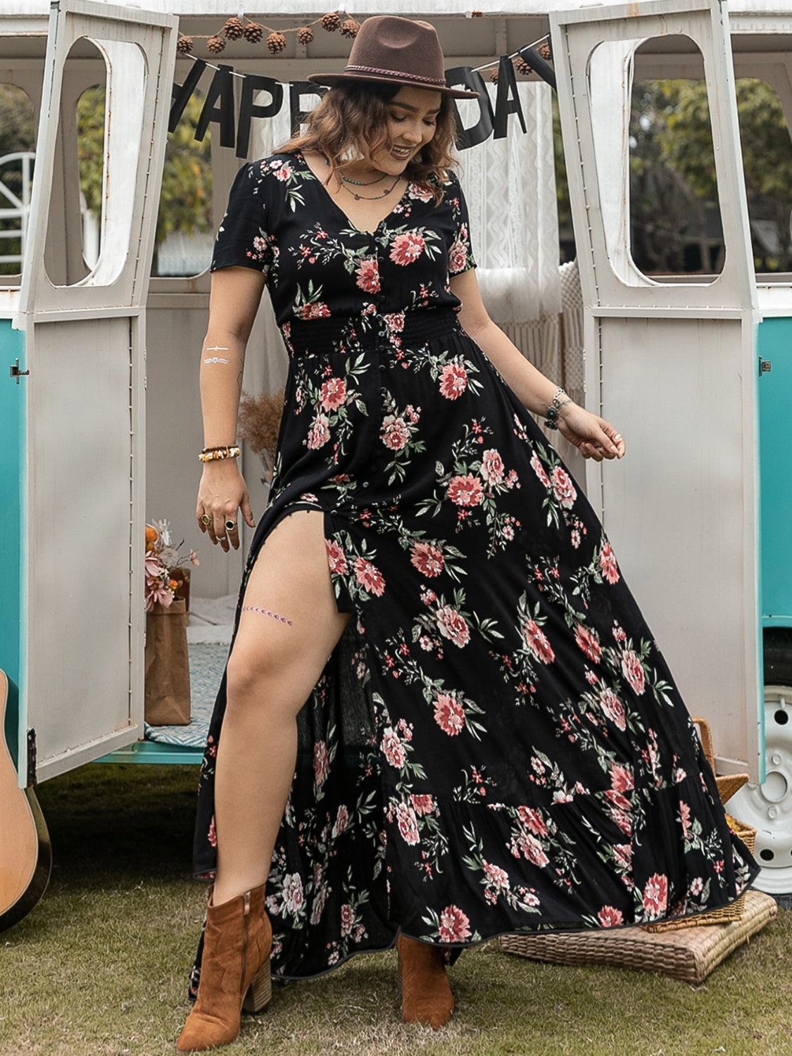 Plus Size Button Detail Printed V-Neck Short Sleeve Maxi Dress.