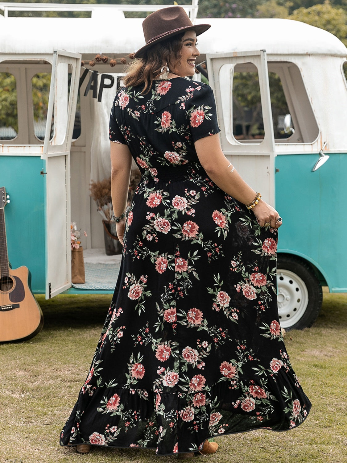 Plus Size Button Detail Printed V-Neck Short Sleeve Maxi Dress.