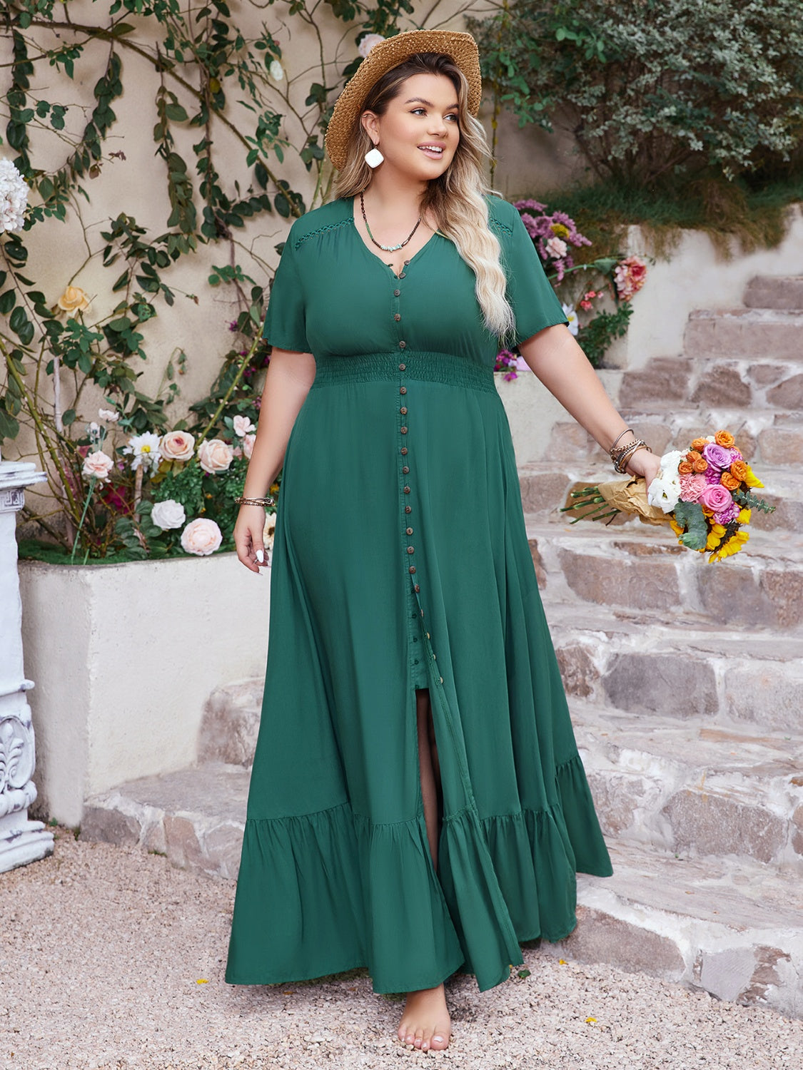 Plus Size Button Detail V-Neck Short Sleeve Maxi Dress.