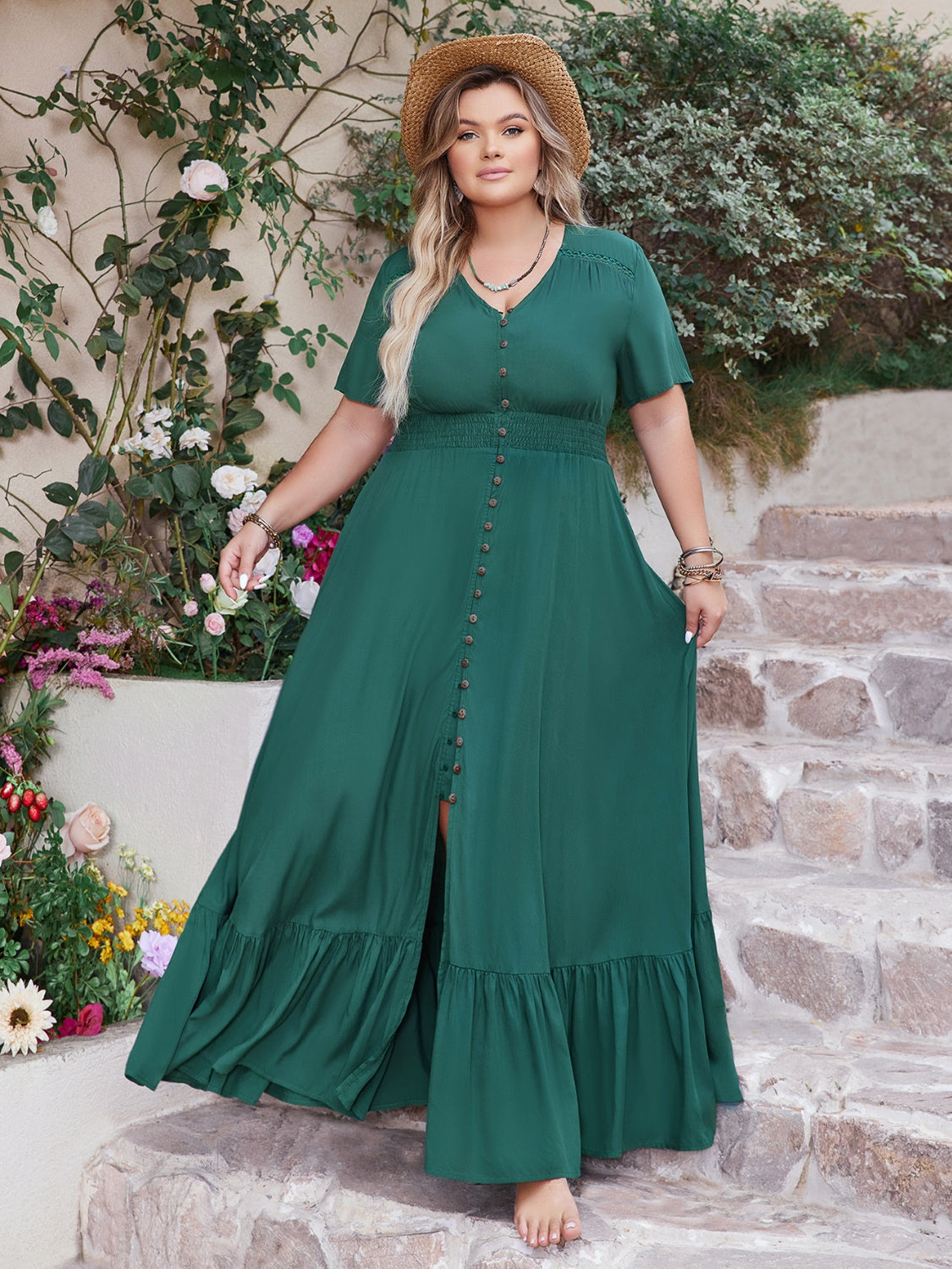 Plus Size Button Detail V-Neck Short Sleeve Maxi Dress.