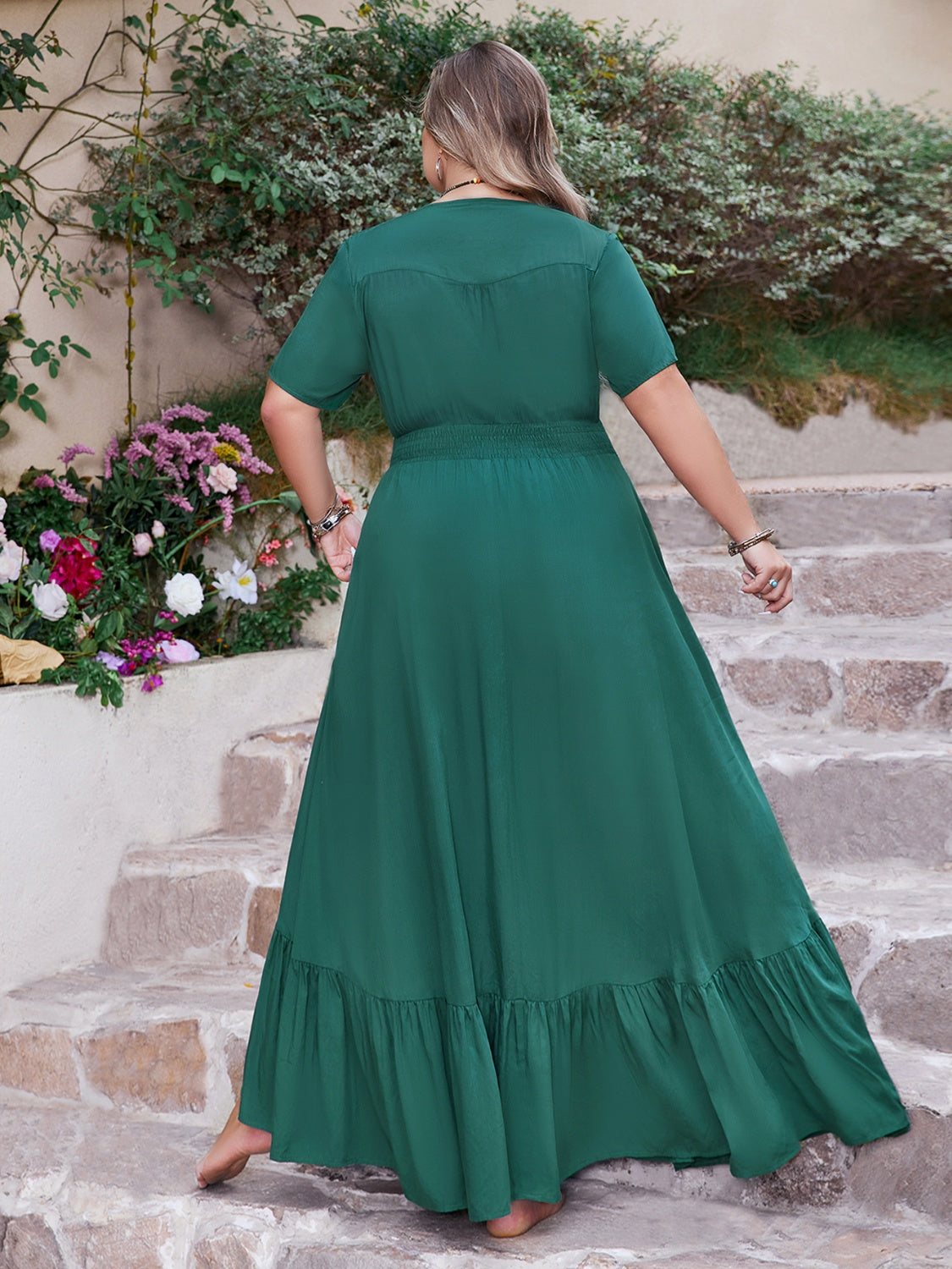 Plus Size Button Detail V-Neck Short Sleeve Maxi Dress.