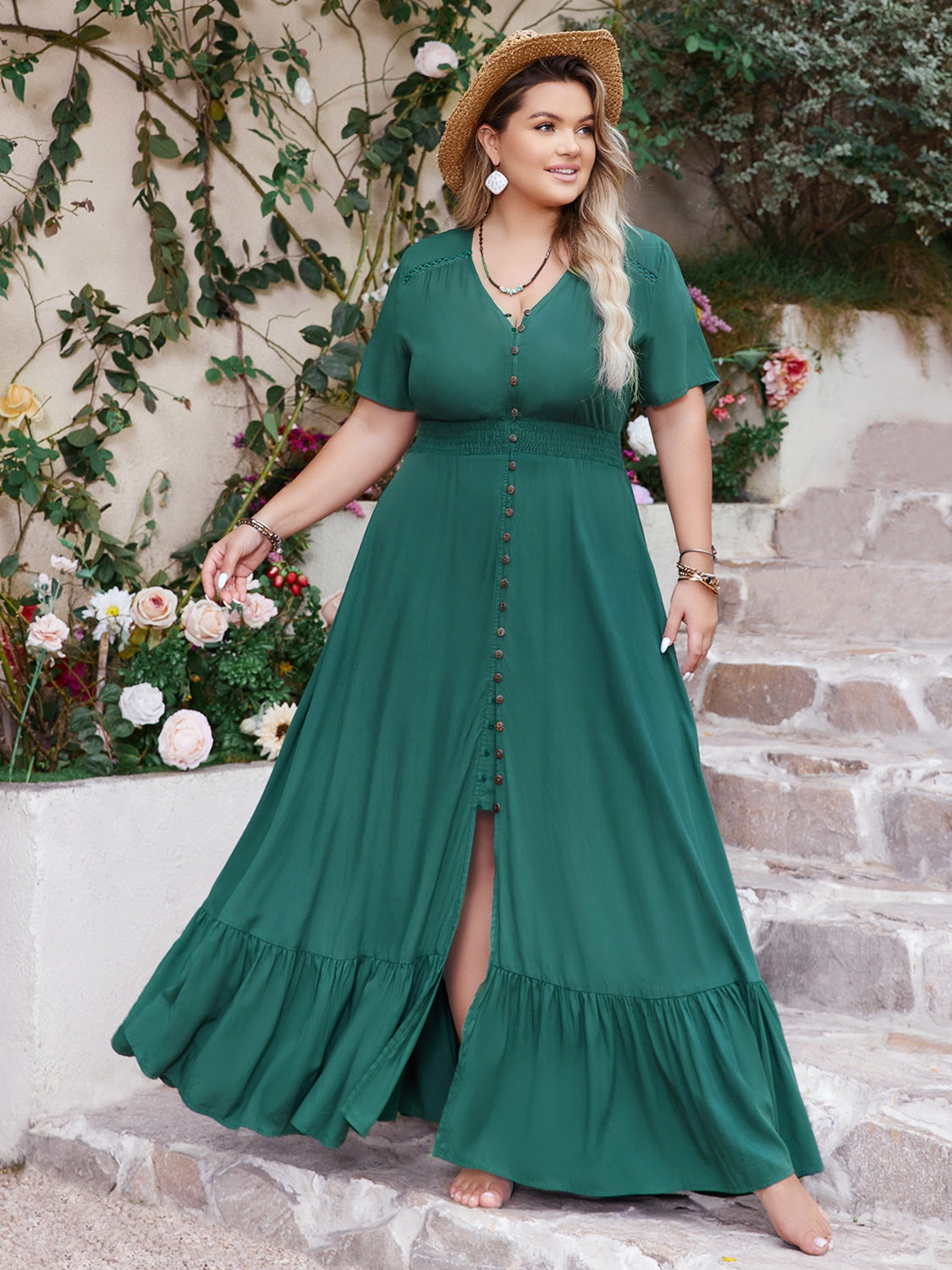Plus Size Button Detail V-Neck Short Sleeve Maxi Dress.