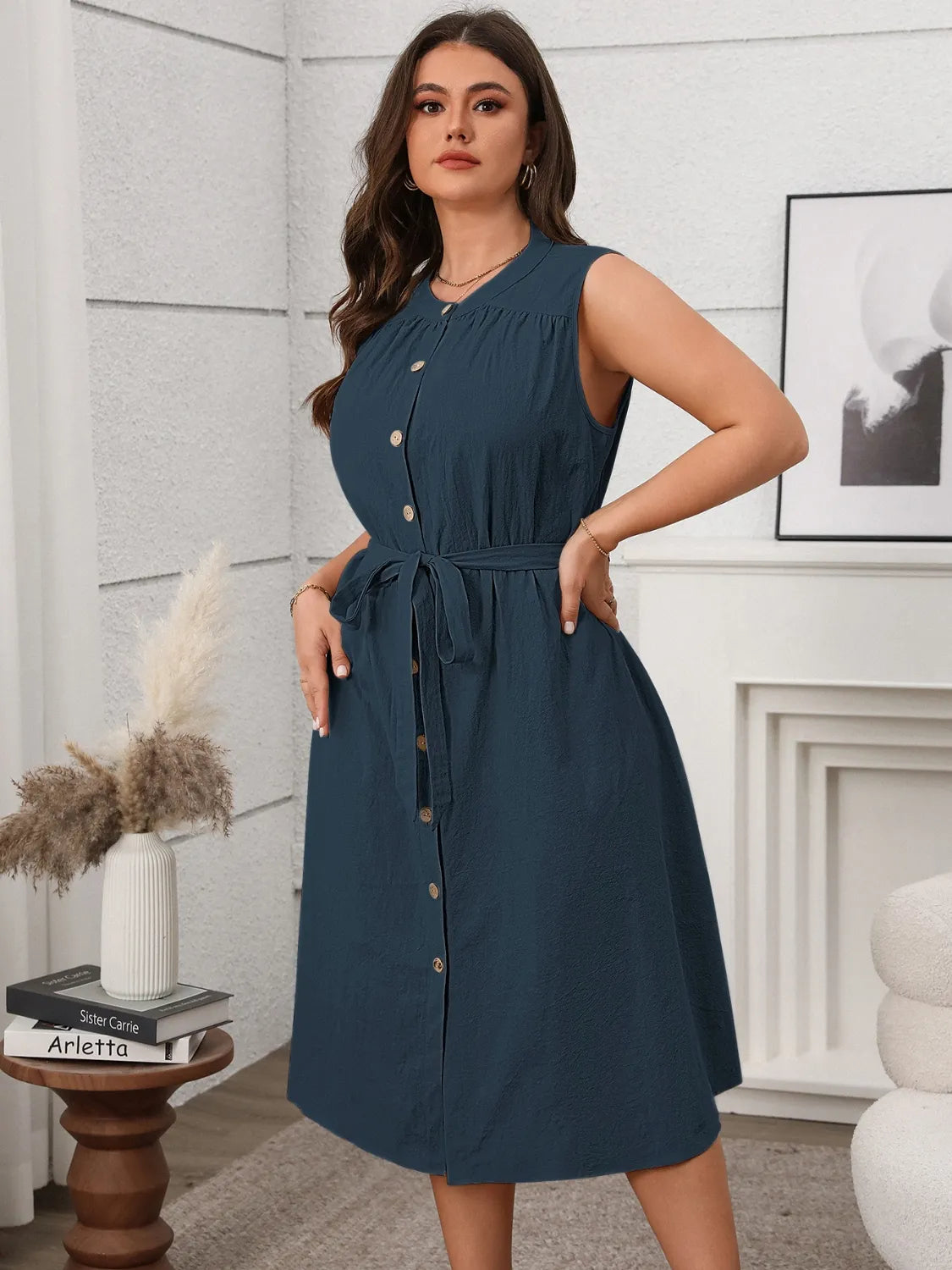 Plus Size Button Front Tie Waist Sleeveless Dress.