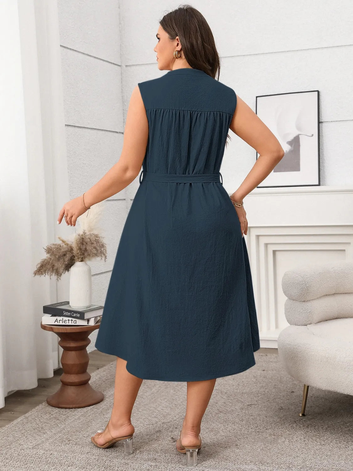 Plus Size Button Front Tie Waist Sleeveless Dress.