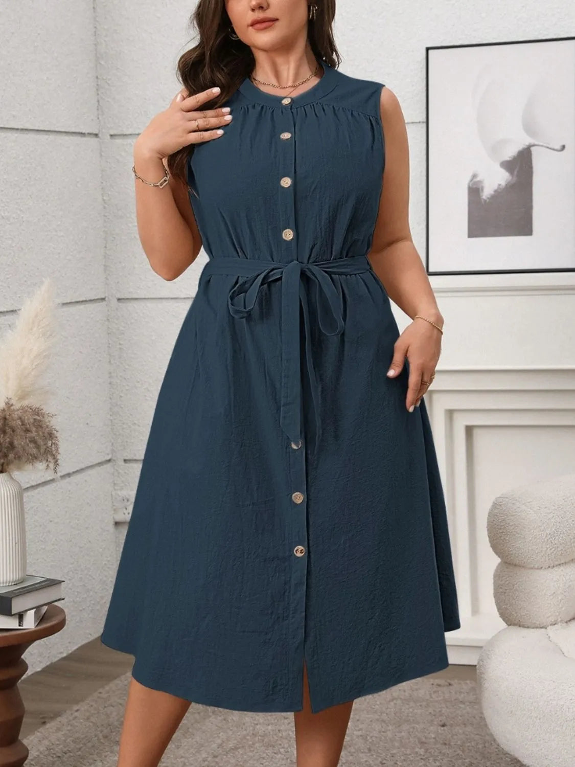 Plus Size Button Front Tie Waist Sleeveless Dress.