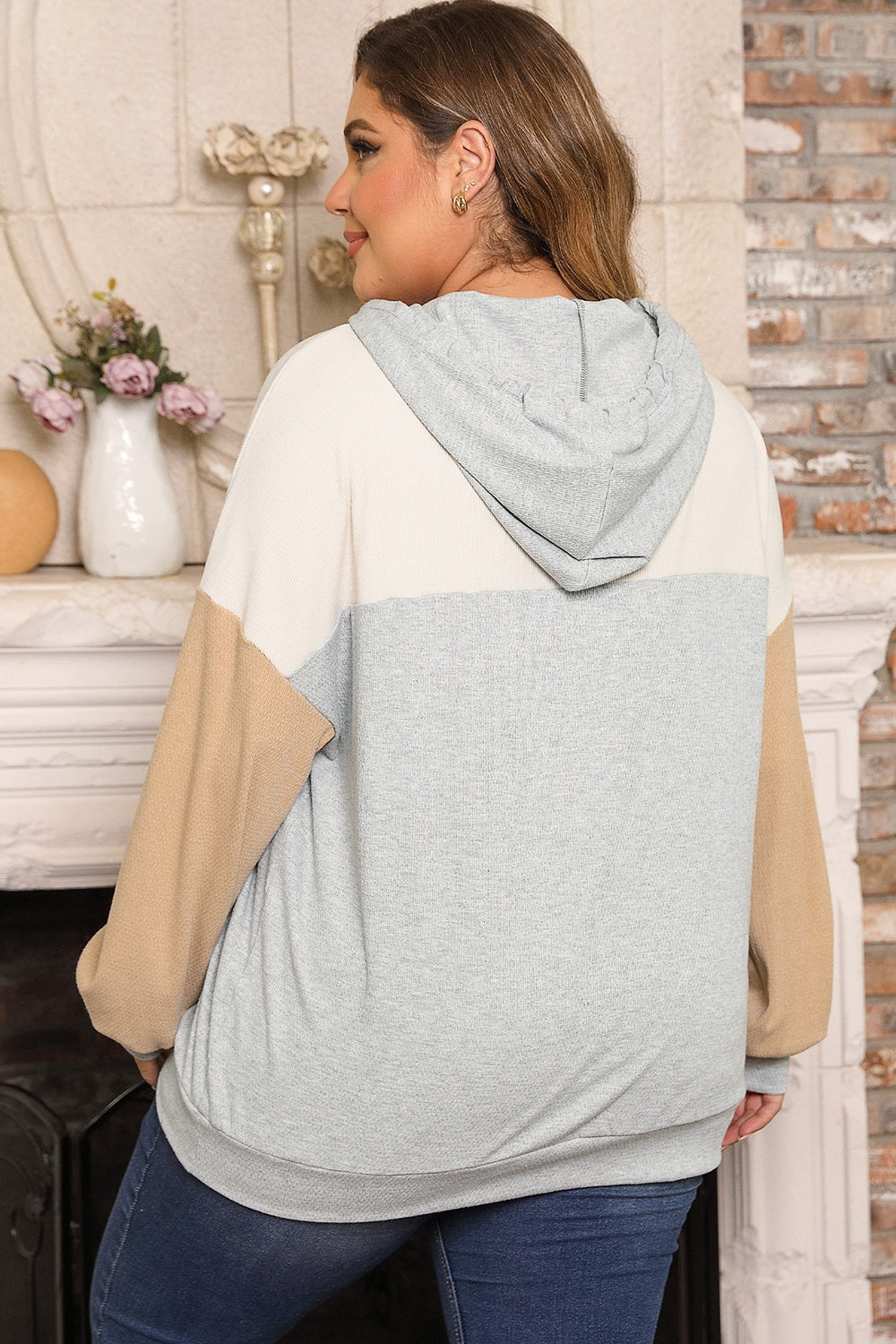 Plus size color block drawstring long sleeve hoodie.