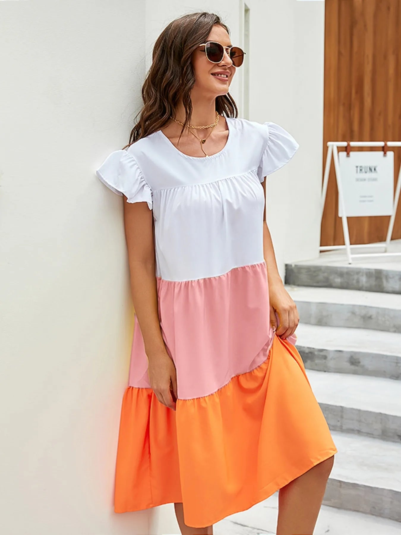 Plus Size Color Block Tiered Ruffle Summer Dress.