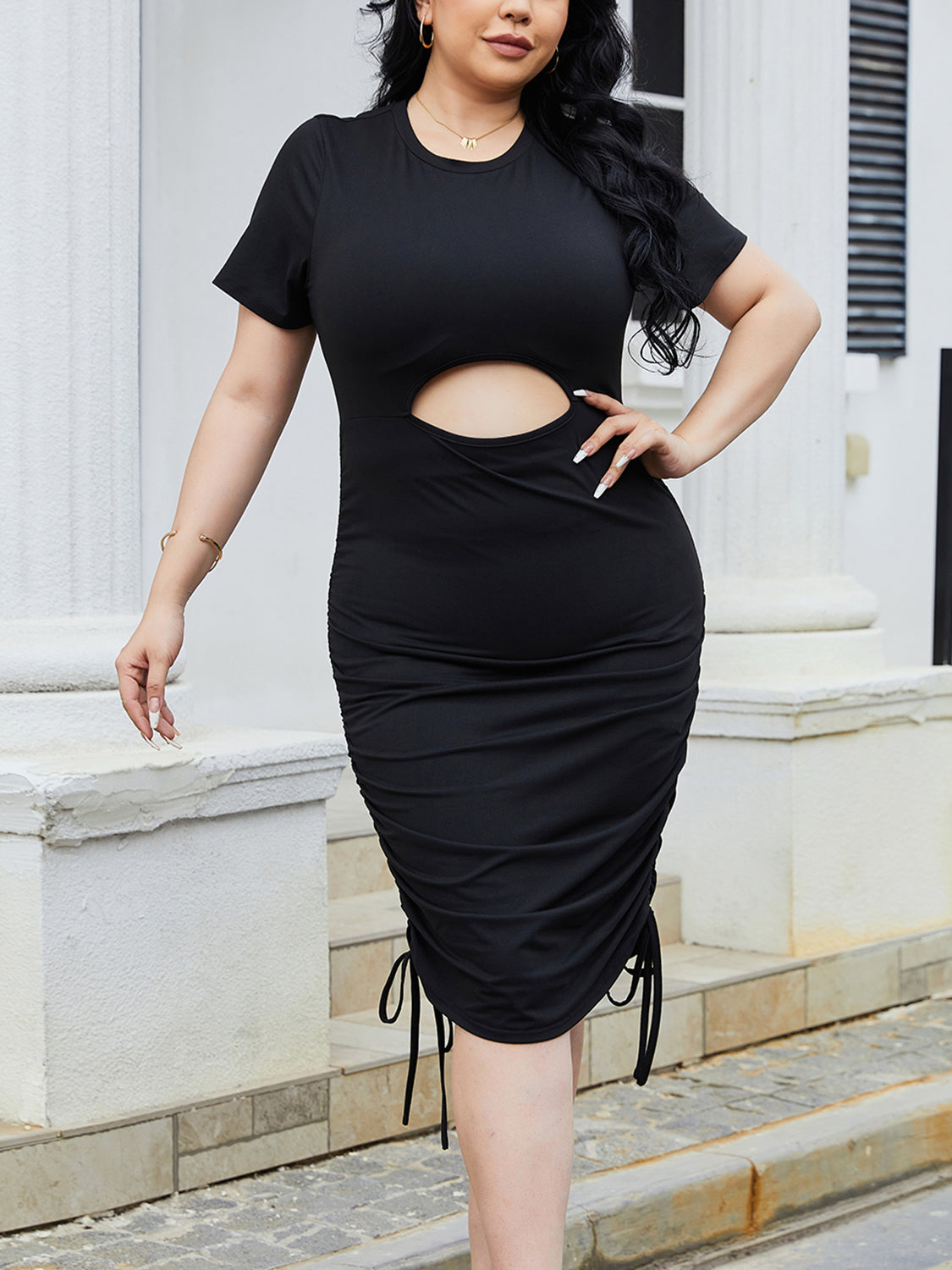Plus Size Cutout Ruched Round Neck Short Sleeve Dress.