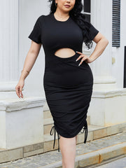 Plus Size Cutout Ruched Round Neck Short Sleeve Dress.