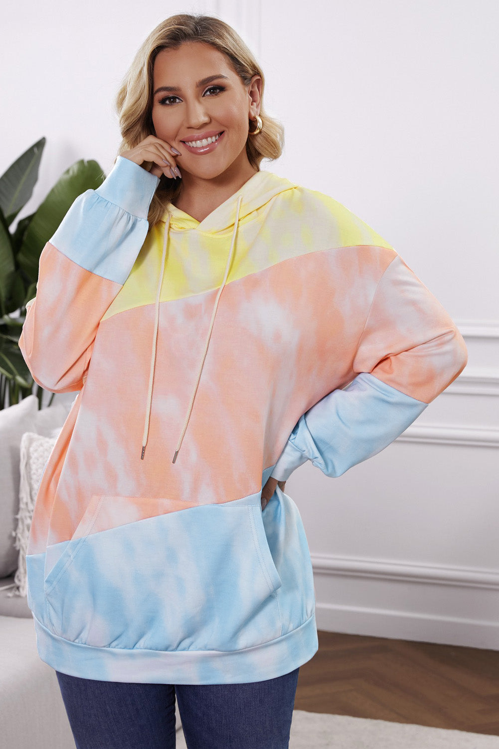 Plus size drawstring color block dropped shoulder hoodie with pockets.