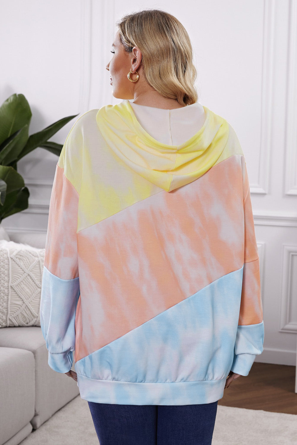 Plus size drawstring color block dropped shoulder hoodie with pockets.