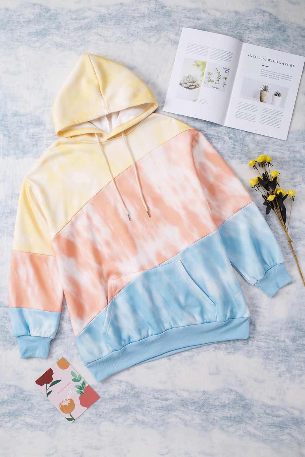 Plus size drawstring color block dropped shoulder hoodie with pockets.