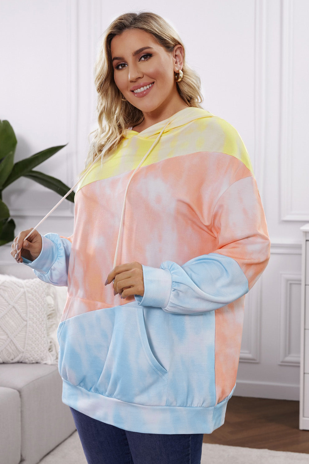 Plus size drawstring color block dropped shoulder hoodie with pockets.