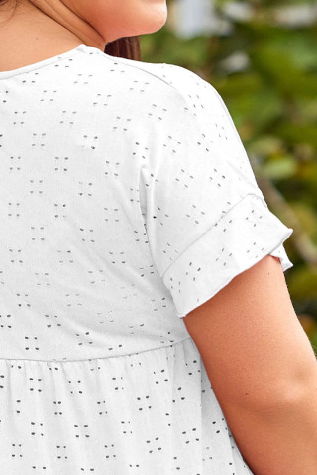 Plus Size Eyelet Round Neck Short Sleeve Blouse with Ruffled.