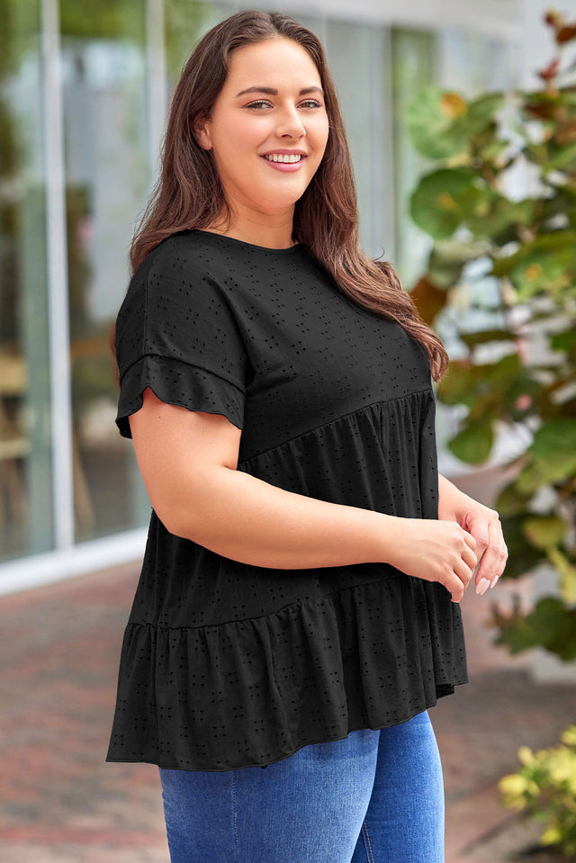 Plus Size Eyelet Round Neck Short Sleeve Blouse with Ruffled.